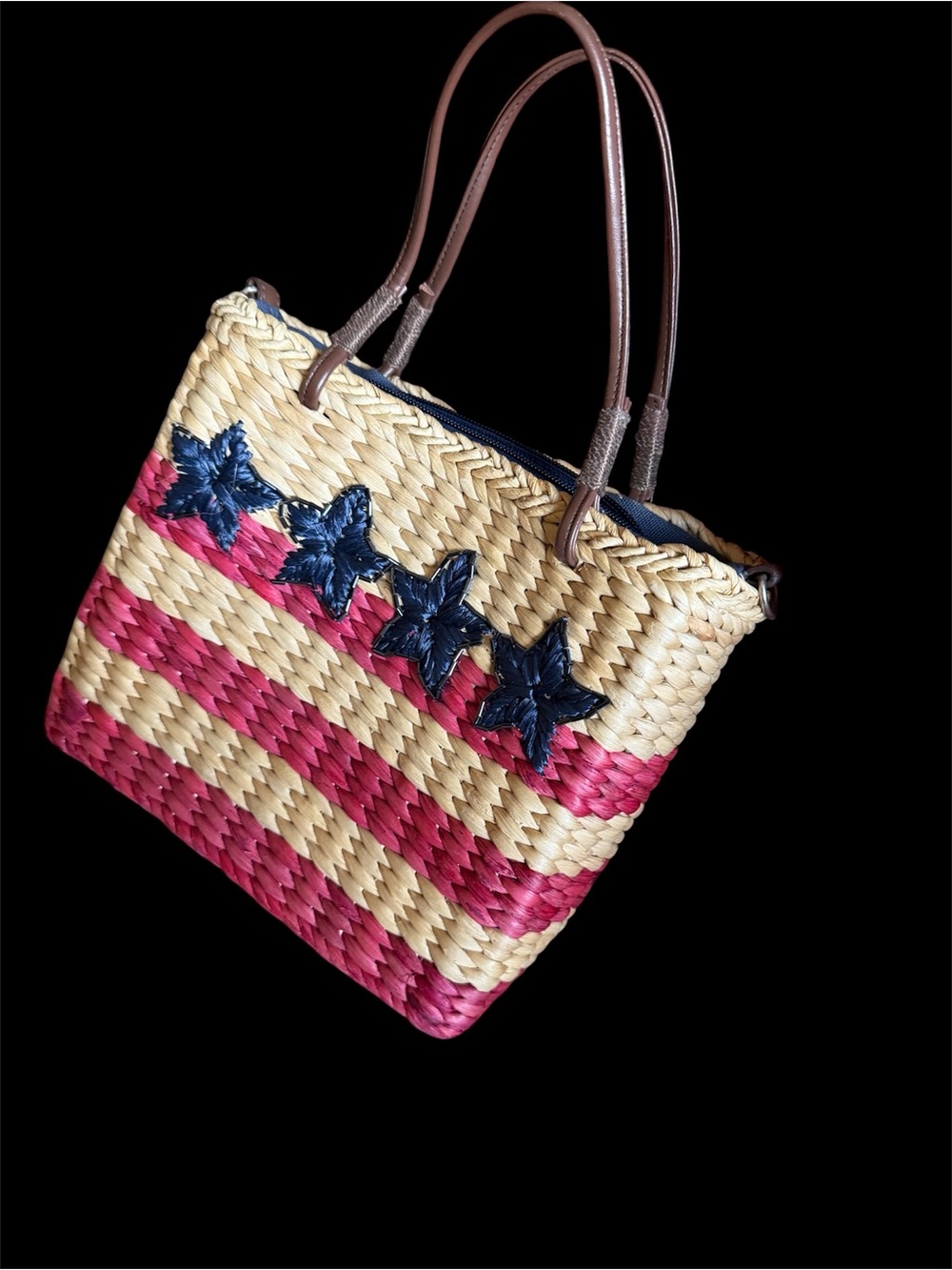 Woven Straw square picnic Bag with Pink Stripes and Navy Star Accents *flawed*